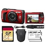OM SYSTEM Tough TG-7 Digital Camera Bundle (Red) | 12MP BSI CMOS Sensor, f/2 Lens, 4K Video, Waterproof, Shockproof & Freezeproof | Great for Outdoors (V110030RU000) + 64GB Card + Case + Battery