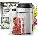InstaSeal Vacuum Sealer for Food with 12 Bags, Preserves Foods 5x Longer, Space Saving Compact Upright Design Allows Machine to Seal Marinades, Soups, Meats for Sous Vide Cooking, Vegetables