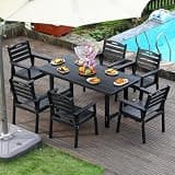 Outdoor Patio Dining Set, one Table and six Chairs. The Outdoor Dining Furniture has Sunshade Holes and is Suitable. It is Suitable for lawns, Gardens, backyards, and Pool Sides.Black,Waterproof