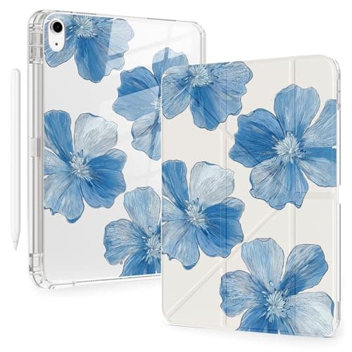 BlHMCASE Cute Blue Flower for iPad (A16) 11th/10th Generation Case 11 Inch/10.9 Inch 2025/2022 with Pencil Holder, Auto Sleep/Wake, White Leather Acrylic Back Detachable Cover