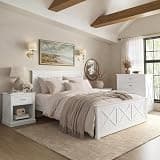 Eclivon Queen Bedroom 4 Piece Furniture Sets, Farmhouse Wood Platform Bed with 2 Storage Nightstands, Master Bed Room Set with Dresser, Wooden Slats Support, No Box Spring Needed (White-, Queen)