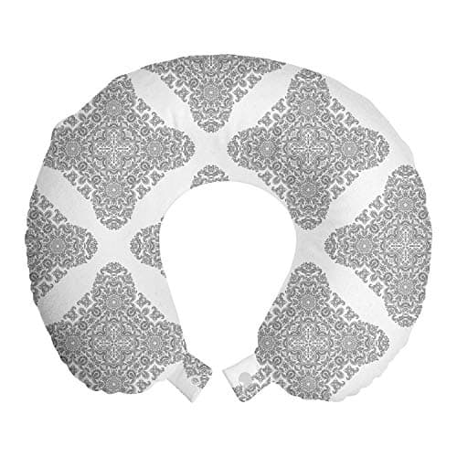 Ambesonne Floral Travel Pillow Neck Rest, Modernized Damask Altered Flowers Accumulated Motifs Print on Plain Backdrop, Memory Foam Traveling Accessory for Airplane and Car, 12", White and Dimgray