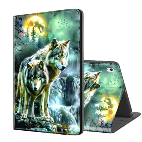 ETLKJVBL for iPad A16 Case, Stand Cover Multi Angle Viewing, Auto Sleep/Wake, Moonlight Wolf Exquisite Leather for iPad 11th Generation Case