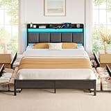 Rolanstar Bed Frame Queen Size with Charging Station and LED Lights, Upholstered Storage Headboard with Drawers, Heavy Duty Metal Slats, No Box Spring Needed, Noise Free, Easy Assembly, Dark Grey