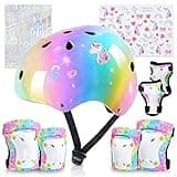 Kids Helmet, Toddler Bike Helmet with DIY Stickers Unicorn Knee Pads and Elbow Pads Set Adjustable Protective Gear Set for Girls Age 3-5-8 Years