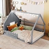 Full Size Wood House Bed with Window and Fence, Gray