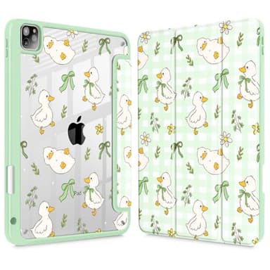 Lepeoac Case for iPad 12.9 Inch (6th/5th/4th/3rd Generation, 2022/2021/2020/2018), Pencel Holder + Trifold Support Auto Sleep/Wake, Transparent Shockproof Back Cover, Duck & Bow Green