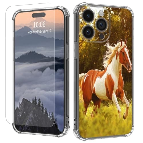 for iPhone 15 Pro Max Phone Case with Screen Protector Slim Clear Women Girls Drop Protection Flexible Soft TPU Transparent Crystal Shockproof Protective Case for Apple 6.7 inch 2023,Horse Running