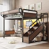 Bellemave Queen Loft Bed with Desk & Pegboard, Metal Loft Bed Frame with Storage Stairs, Wardrobe & Beside Shelf, Heavy Duty Loft Bed Queen Size with Charging Station & LED Lights, Black