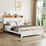 Elyveont Full Bed Frame with Storage Headboard and USB & Type-C Charging Station, Farmhouse Metal & Wood Platform Bed Frame with LED Light, No Box Spring Needed, Antique White (Antique White,)