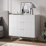 MAISONARIA White 3 Drawer Dresser for Bedroom, Modern Closet Dressers Chest of Drawers, Fluted Dresser Chest Cabinet with Gold Metal Handles, Nightstand for Bedroom, Living Room, Hallway, Entryway