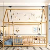 Dancongtea Full Size Floor Bed with House Roof Frame, Natural Pine Wood Kids Bed with Safety Guardrails, Low Profile Montessori-Style Bed for Toddlers and Children