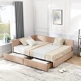 Noeko Full Size Velvet Daybed Frame with Storage Drawers, Pink