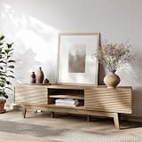 TOLEAD 59" TV Console, Mid Century Modern TV Stand for 55/60/65 Inch TV, Low Profile Media Console with Fluted Sliding Doors, Boho Wood Credenza for Living Room, Oak
