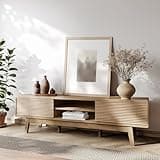 TOLEAD 59" TV Console, Mid Century Modern TV Stand for 55/60/65 Inch TV, Low Profile Media Console with Fluted Sliding Doors, Boho Wood Credenza for Living Room, Oak