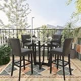 PADMA HOUSE Glass Top High Bar Table Stools Set for 4, 42" Round Tempered Glasstop High Bar Table with Four 31.9" H Barstools Chairs with Upholstered Back&Footrest for Bars Kitchen Restaurant, Grey