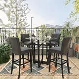 PADMA HOUSE Glass Top High Bar Table Stools Set for 4, 42" Round Tempered Glasstop High Bar Table with Four 31.9" H Barstools Chairs with Upholstered Back&Footrest for Bars Kitchen Restaurant, Grey