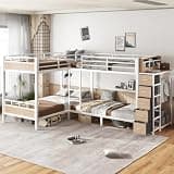 Bellemave Metal Quad Bunk Bed with Drawers & Wardrobe for 4, L-Shaped Twin Size Quad Bunk Bed Frame,Heavy Duty Bunk Beds for Kids Teens Adults,White