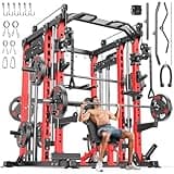 Smith Machine with Cable Crossover System, Multi-Function Power Cage Squat Rack for Home Gym, Power Rack and Packages Weight Sets. (Red, L04-Smith Machine+Bench+(Pole+Cast lron) 250LBS)