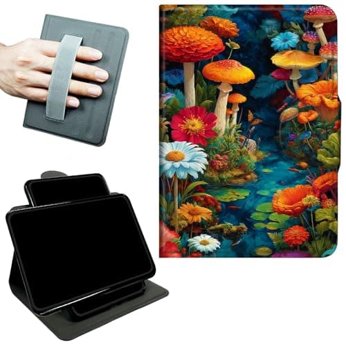 RWUTYTIUL Rotating Handle Case for Amazon Fire HD 8 & 8 Plus(12th/10th Gen, 2024/2022/2020), 360 Degree Swivel Kickstand with Magnetic Closure Leather Protective Cover, Mushroom Red Flower