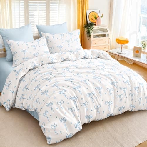 Bildenly Bow Comforter Set Full Size - Light Blue Bow Quilt Bedding Set 3 Pieces, Comforter Set Full, Soft & Lightweight Comforter(79‘’ x 90‘’) for Girl All Season & 2 Pillow Cases(30‘’x20‘’)