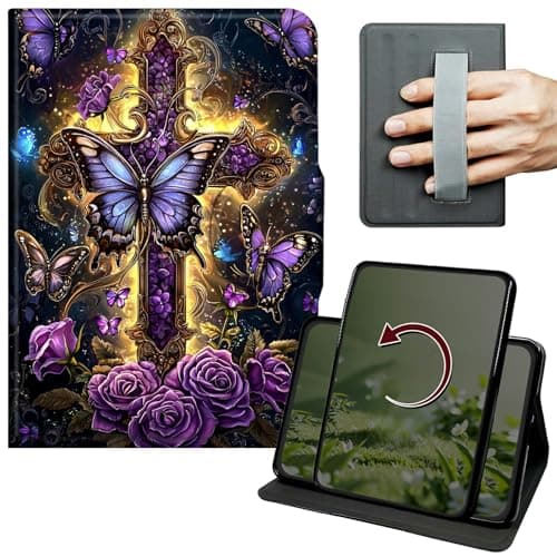 Dikoer Case for Amazon Kindle Fire HD 8 & 8 Plus (12th/10th Generation, 2024/2022/2020), 360 Degree Rotation Lightweight PU Leather Stand Cover with Hand Strap for Women Men, Purple Butterfly Art