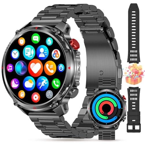Smart Watch for Men,Outdoor Smartwatch with IP68 Waterproof Compass LED Flashlight, 1.7“ HD Fitness Tracker Heart Rate Blood Pressure Sleep Monitor, 30 Days Battery for Android iOS (Black steel strip)