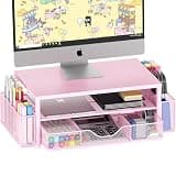 OPNICE Desk Organizers and Accessories, 2-Tier Computer Monitor Stand Riser with Drawer and 2 Pen Holders, Laptop Stand, Office Desk Accessories & Office Decor for Women, Pink
