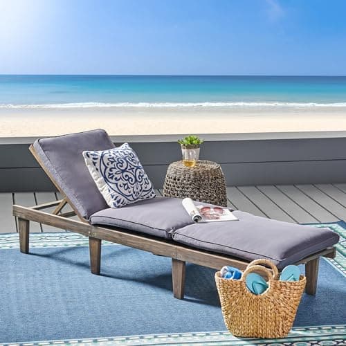 PlushNest Wood Chaise Lounge with Water-Resistant Cushion Grey Acacia Wood Frame Dark Grey Polyester Cushion for Poolside & Lawn Easy Assembly 78.75" X 24" X 30.50"