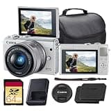 Canon EOS M100 Mirrorless Camera with 15-45mm Lens (White) | 24.2MP APS-C Sensor, Dual Pixel CMOS AF, Wi-Fi & Bluetooth | Great for Travel & Beginner Photos (2210C011) + 64GB Card + Bag + Battery