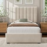 Koorlian Kids Twin Upholstered Bed Frame with Headboard, Velvet Upholstered Metal Platform Bed Frame with Vertical Tufted Headboard, 3-Level Height, Metal Slat Support, Noise-Free Easy Assembly, White