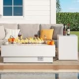 IRONCK 43-inch Outdoor Propane Fire Pit Table w Tank Table, CSA Certified, 2 in 1 Rectangular Patio Fire Pit w Glass Rocks, Wind Guard and Cover, 50000 BTU Outdoor Heater for Garden, Pool, White