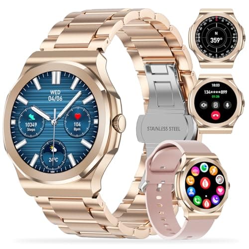 TAYSHILEY Unisex Smart Watch, Make/Answer Calls, 1.27 Inch Full Touch Screen, IP67 Waterproof, 100+ Sports Modes, Heart Rate & Sleep Monitoring, Compatible with Android & iOS (Gold Steel Belt)
