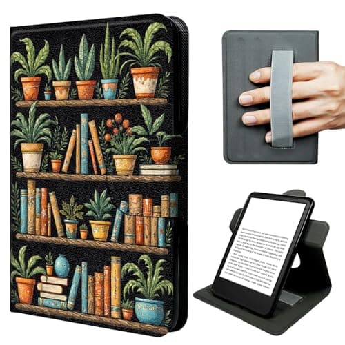 JNFBWULO Case for Fire HD 10 & HD 10 Plus (13th/11th Gen 2023/2021), 360° Rotating Stand with Hand Strap, Auto Sleep Wake Folio Cover - Plant Bookshelf