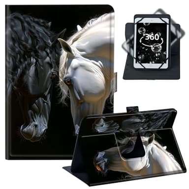BREIDMKFM Tablet Case for iPad Pro 11/Samsung Tab S9 11-10.5-11.5 Inch PU Leather Folio with 360 Rotating Stand,Fit for Fire Max 11/iPad 10th Gen,Black White Horse