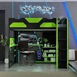 QVUUOU Full Size Wood Loft Bed with Desk, Multi-Storage Shelves, USB and RGB Light - Green, Space-Saving Furniture for Teens and Adults