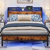 Honorego Queen Bed Frame, Wood Storage Headboard with LED Lights & Charging Station, Metal Platform Bedframe Queen Size with Under Bed Storage, No Box Spring Needed, Easy Assembly, Rustic Brown