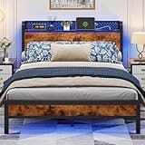Honorego Queen Bed Frame, Wood Storage Headboard with LED Lights & Charging Station, Metal Platform Bedframe Queen Size with Under Bed Storage, No Box Spring Needed, Easy Assembly, Rustic Brown