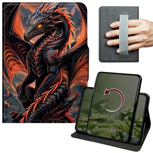 Dikoer Case for Amazon Kindle Fire HD 10 (9th/7th/5th Generation 2019/2017/2015 Release) 10.1", 360 Degree Rotation Lightweight PU Leather Stand Cover with Hand Strap for Women Men, Red Dragon