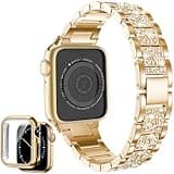 Diamond Watch Band with Bling Case Compatible with Apple Watch Band S11/S10 42mm Women Jewelry Band with Screen Protector Case Shiny Gold Strap for iWatch Series 11/10 42mm