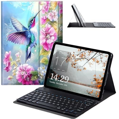 JANENFNA Tablet Case with Keyboard for Amazon Kindle Fire HD 10 / Kindle Fire HD 10 Plus (10.1" 13th/11th Generation), Slim Detachable Wireless Bluetooth Keyboard Case -Hummingbird & Flowers