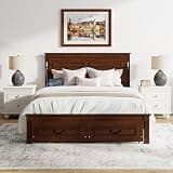 Queen Size Farmhouse Bed with Storage Drawers & LED Lights