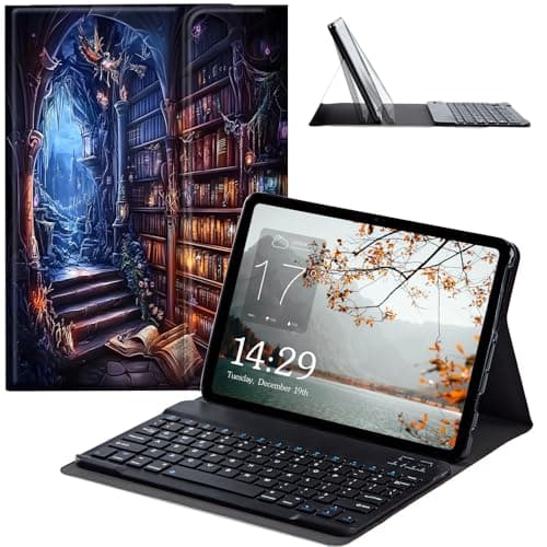JANENFNA Tablet Case with Keyboard for Amazon Kindle Fire HD 10 / Kindle Fire HD 10 Plus (10.1" 13th/11th Generation), Slim Detachable Wireless Bluetooth Keyboard Case -Magical Library Cave