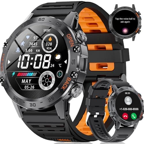 SUNKTA Military Men's Smart Watch (Answer/Dial Calls),100 Sports Modes, 5ATM Waterproof Fitness Watch with Heart Rate/SpO2/Blood Pressure for Android and iOS,1.39''HD Full Screen Smartwatch,Leather