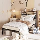 Twin Metal Bed Frame with Charging Station,Storage Headboard, No Box Spring