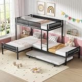 PVWIIK Triple Bunk Bed with Trundle for 4 Kids,L-Shape Metal Triple Bunk Bed with Guardrail & Wood Slats for Flexible Sleeping Space,No Box Spring Needed,Black