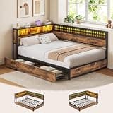 PIXOURA Full Size Corner Bed Frame with Storage Drawers and Wood Headboard, L-Shaped Bed Frame Metal Platform with Charging Station & LED Lights for Kids Teens, Bedroom,Vintage Brown