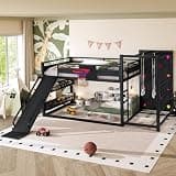 URTR Multi-Functional loft Bed, Made of Metal, Equipped with a Slide, Climbing wall, Pull-up bar, and Built-in Bookshelf, a Space-Saving Elevated Bed (Black, Full)