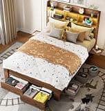 RAYROMAN Full Size Bed Frame with 2-Tier Storage Headboard, LED Lights, Charging Station, 2 Drawers, 800lbs Capacity, Wood & Metal Platform, Noise-Free, No Box Spring Needed, Barn Door Design