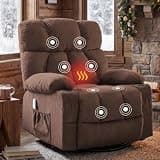 Oversized Massage Rocker Recliner Chair, 360°Swivel Rocking Recliner Sofa with Vibration Massage & Heat, Reclining Nursery Chair for Living Room with 4 Pockets 2 Cup Holders & USB Charge Port, Brown